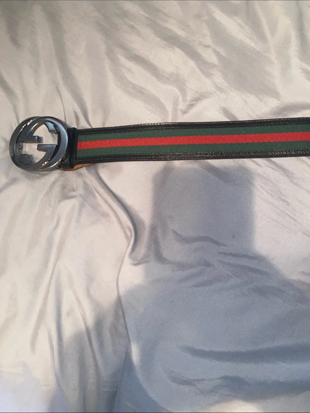 Gucci Black Leather Belt with Green & Red Web and Silver GG Buckle